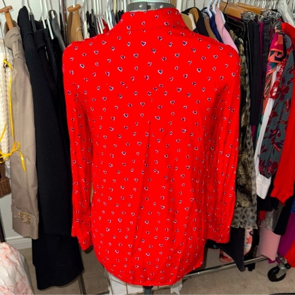 Beachlunchlounge Blue White Heart Button Down Red Blouse Size Small - Picture 3 of 9